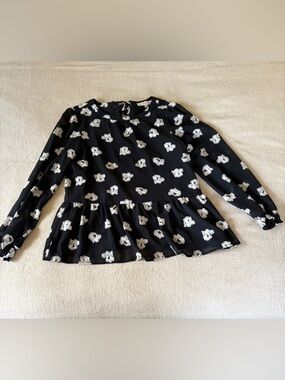 LOFT Black Floral Peplum Long-Sleeve Top